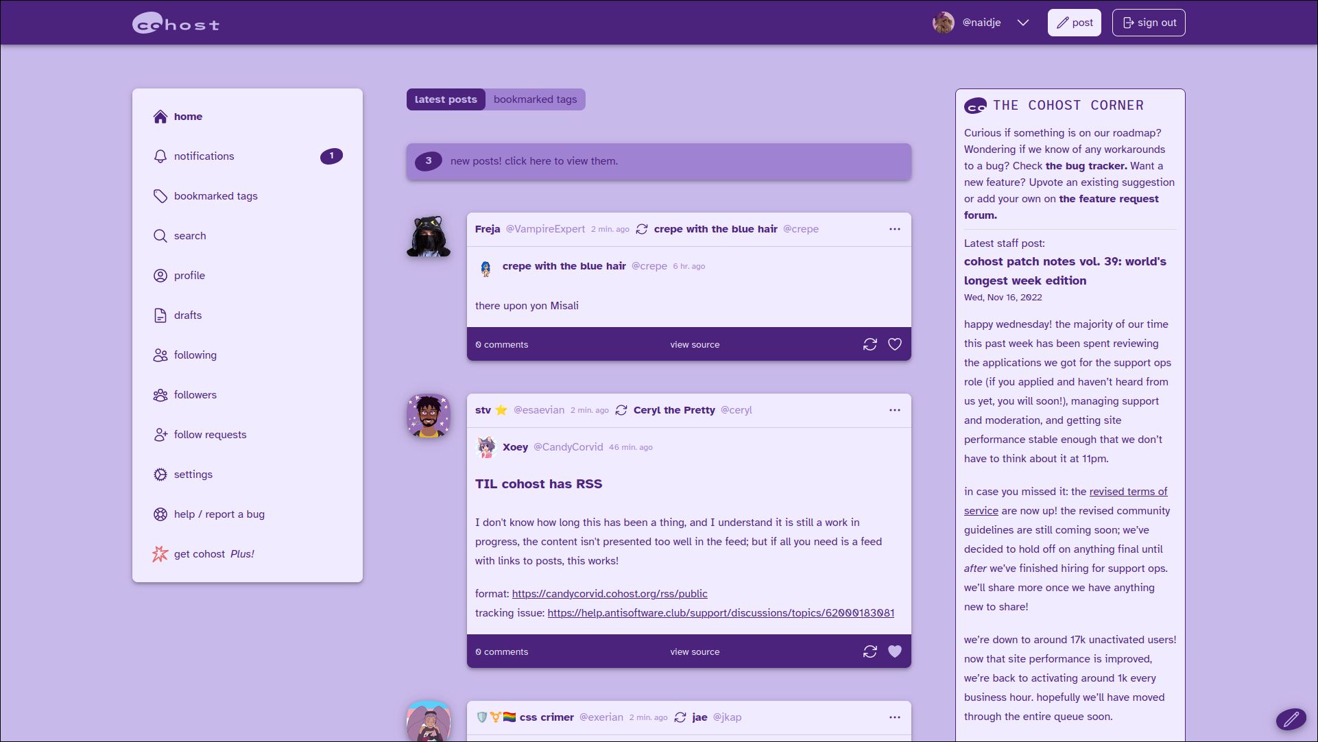 Screenshot of Cohost Purple