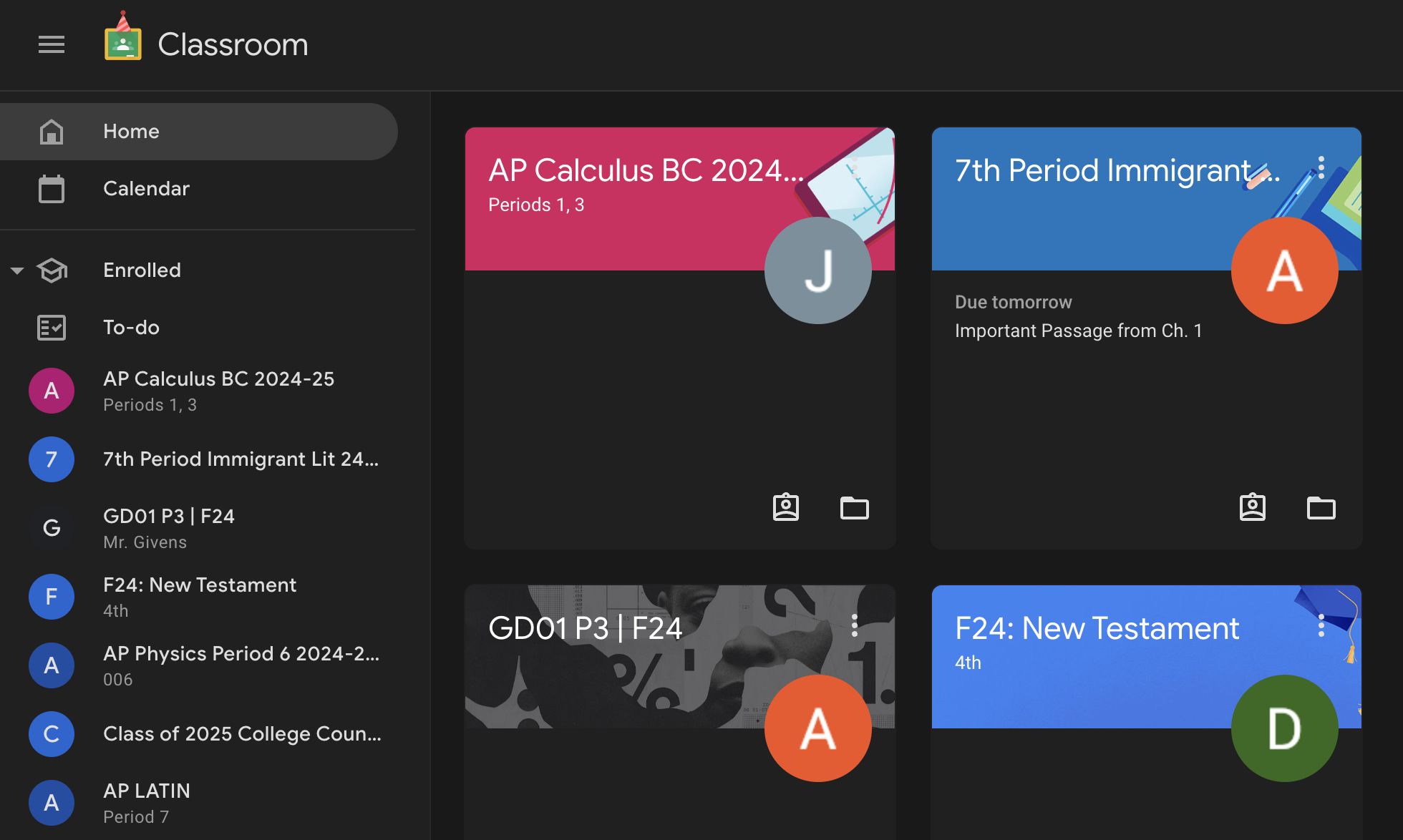 Screenshot of Google Classroom Dark Mode