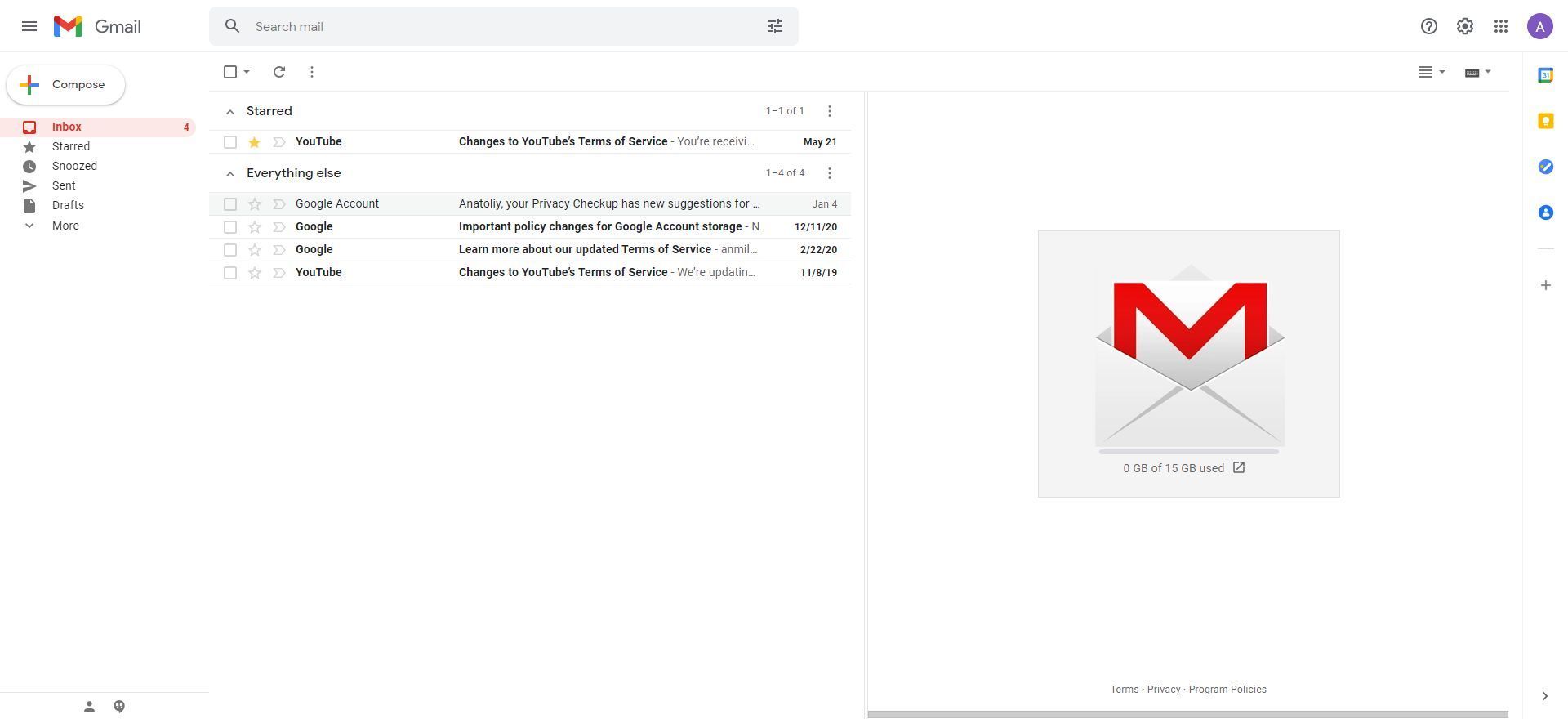 Screenshot of GMail - show big icon when no preview selected