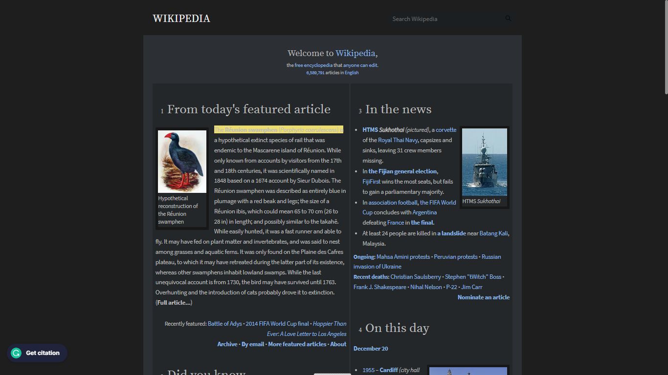 Screenshot of Wiki Dark reader