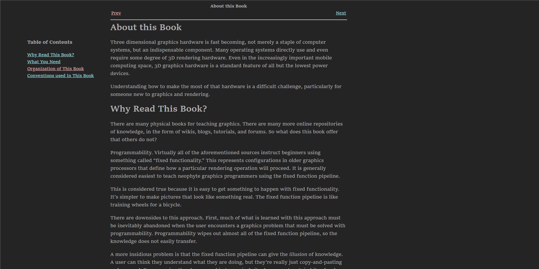 Screenshot of Dark reader style for nicolbolas.github.io - An OpenGL tutorial website.