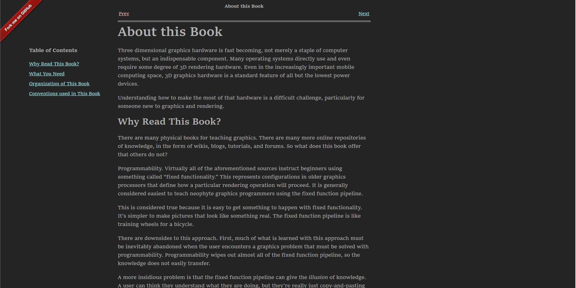 Screenshot of Dark reader style for the book - Learning Modern 3D Graphics Programming.