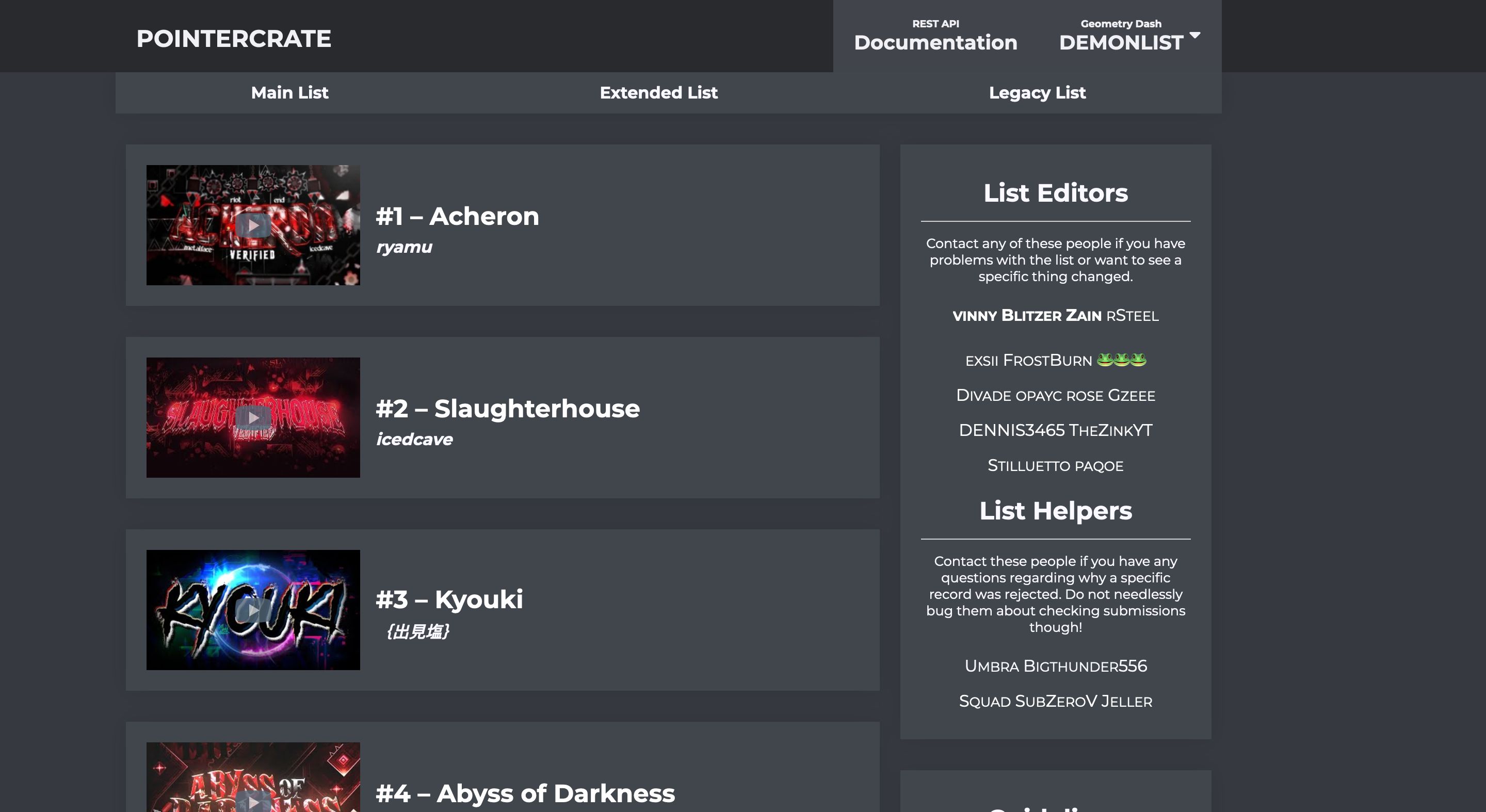 Screenshot of Pointercrate Dark Mode