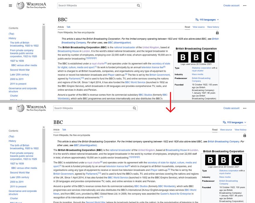 Screenshot of Wikipedia layout width fix 2023