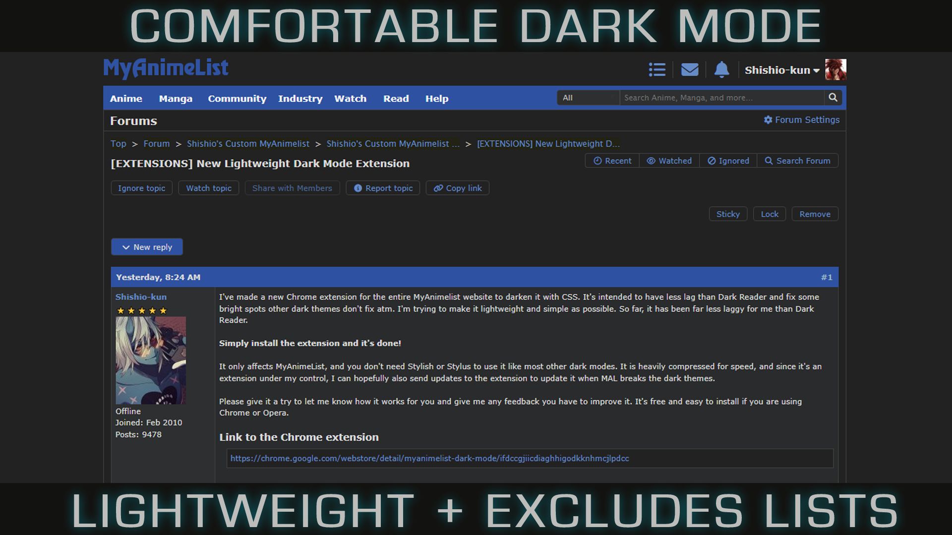 Screenshot of Comfortable Dark Mode - Excludes Lists