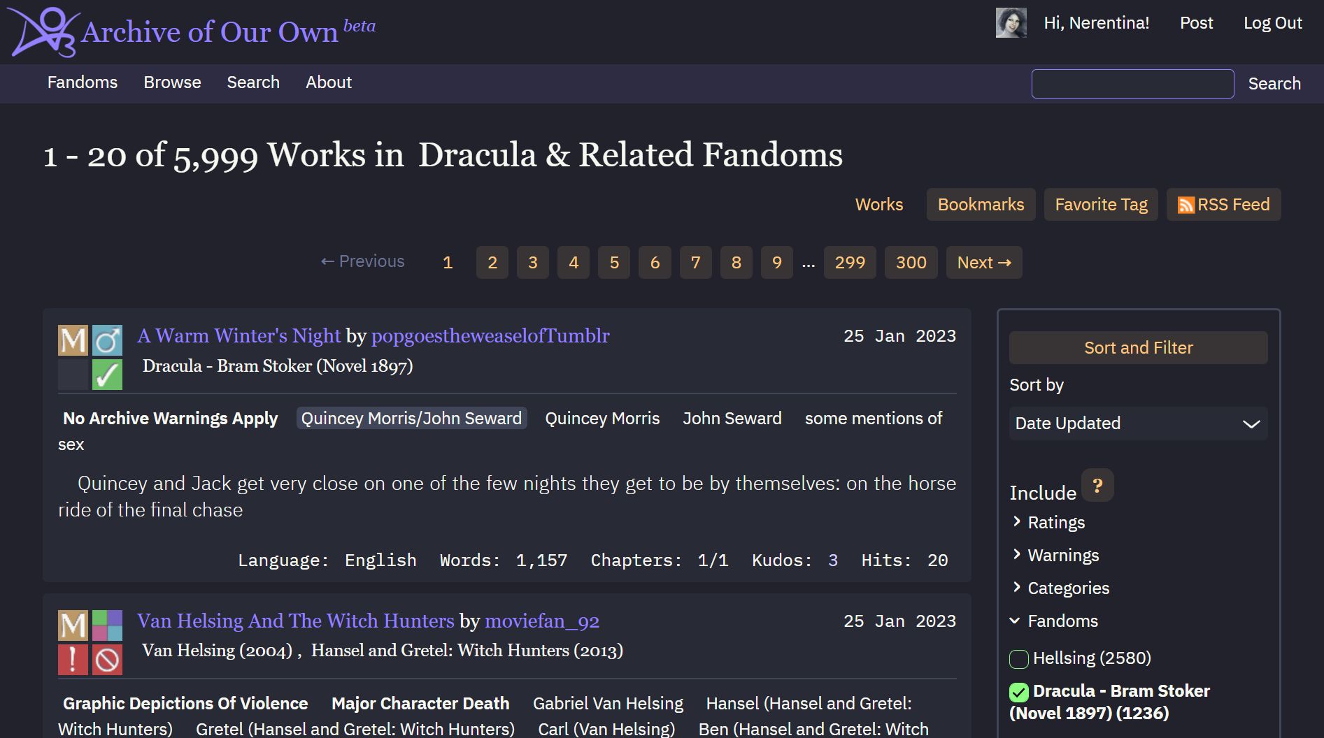 Screenshot of Dracula theme for AO3