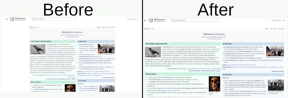 Screenshot of Wikipedia content width unlocker