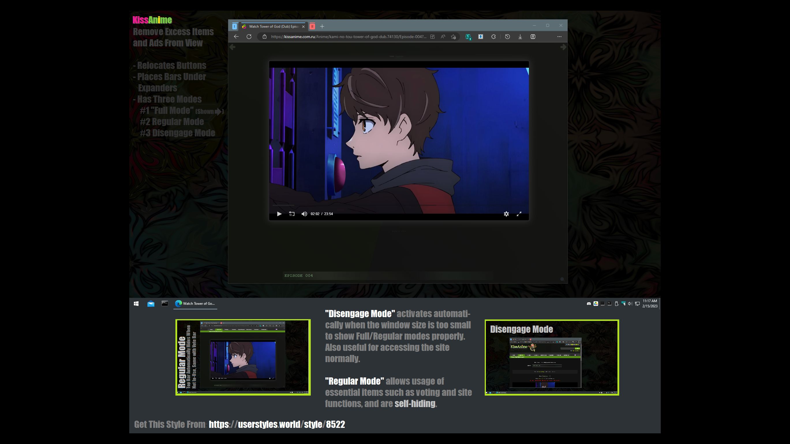 Screenshot of kissanime - remove excess elements and a popup ad that adblock misses (for while playing, to minimize scrolling)