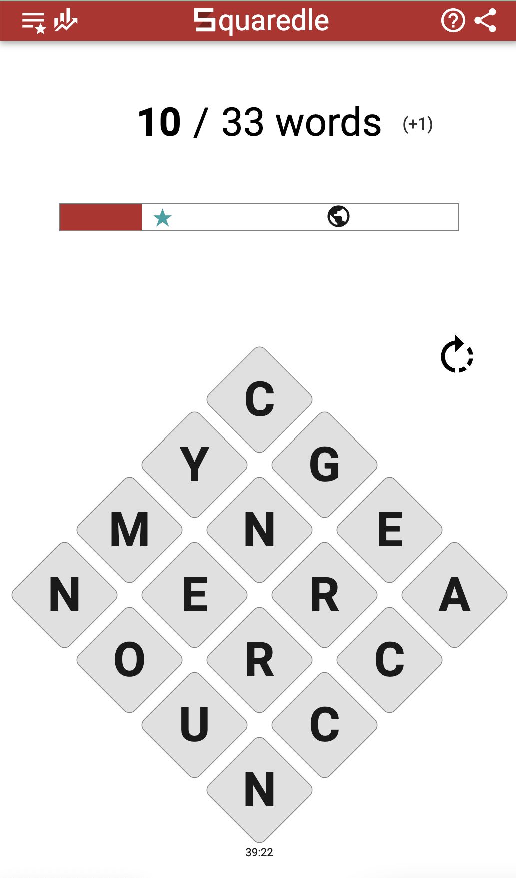 Screenshot of Squaredle with larger diagonal board