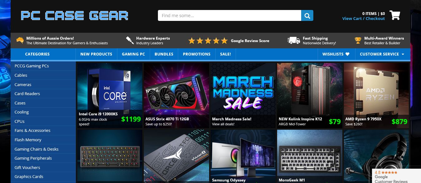 Screenshot of pccasegear.com - dark