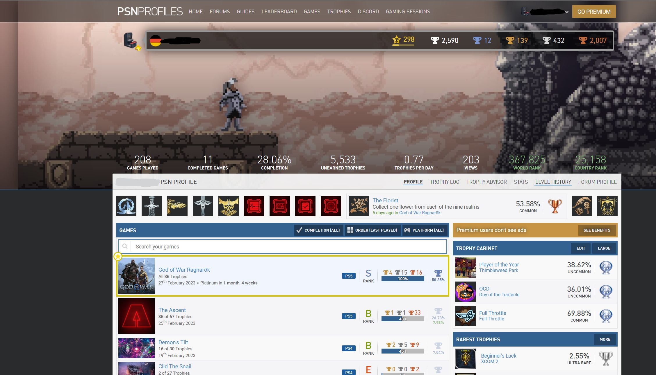 Screenshot of psnprofiles - Better highlighting of Platinum Trophies