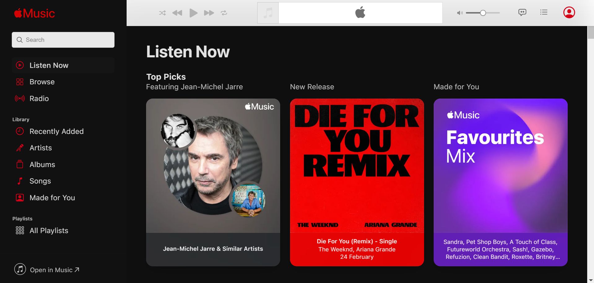 Screenshot of apple music web player - black red