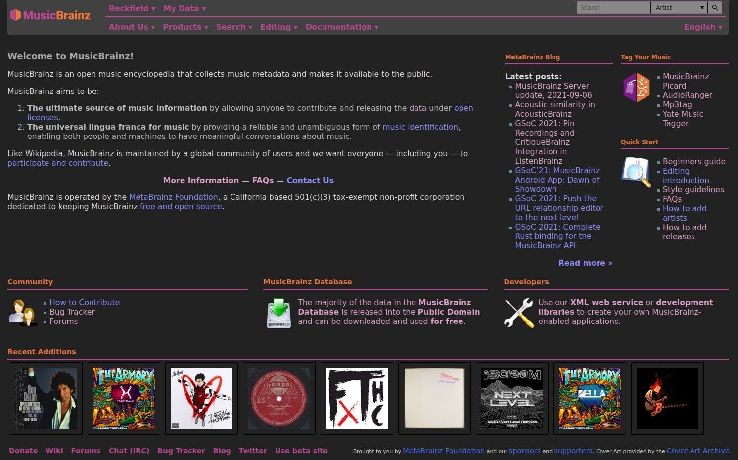 Screenshot of MetaBrainz All Projects Dark