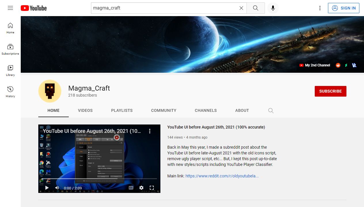 Screenshot of YouTube - Revert compact channel page UI