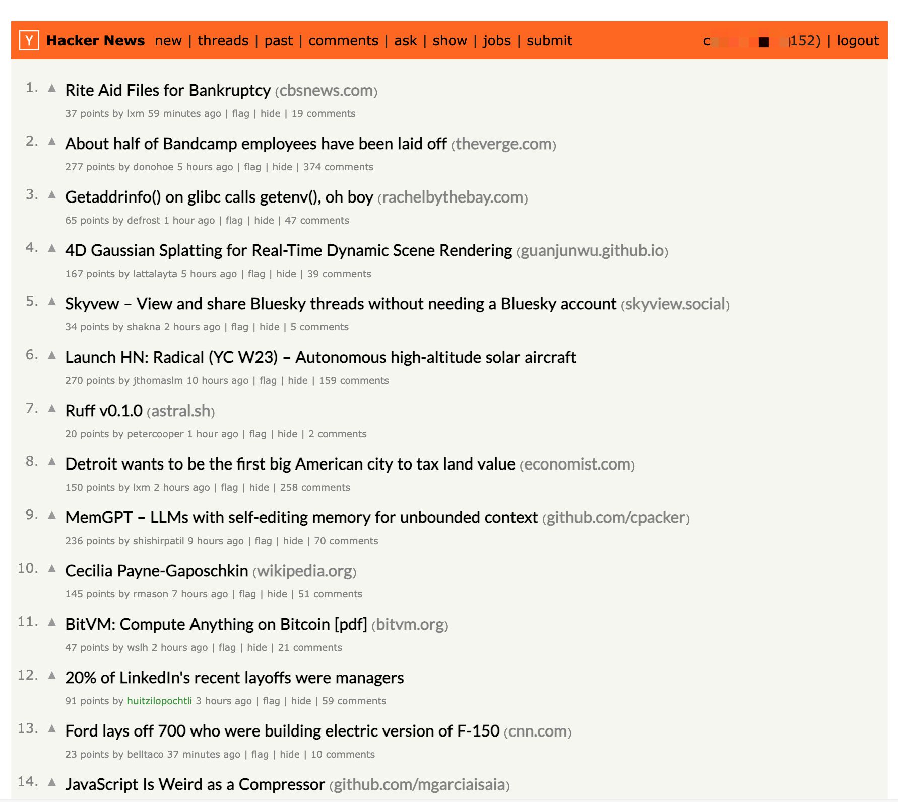 Screenshot of Hacker News Centered and Readable