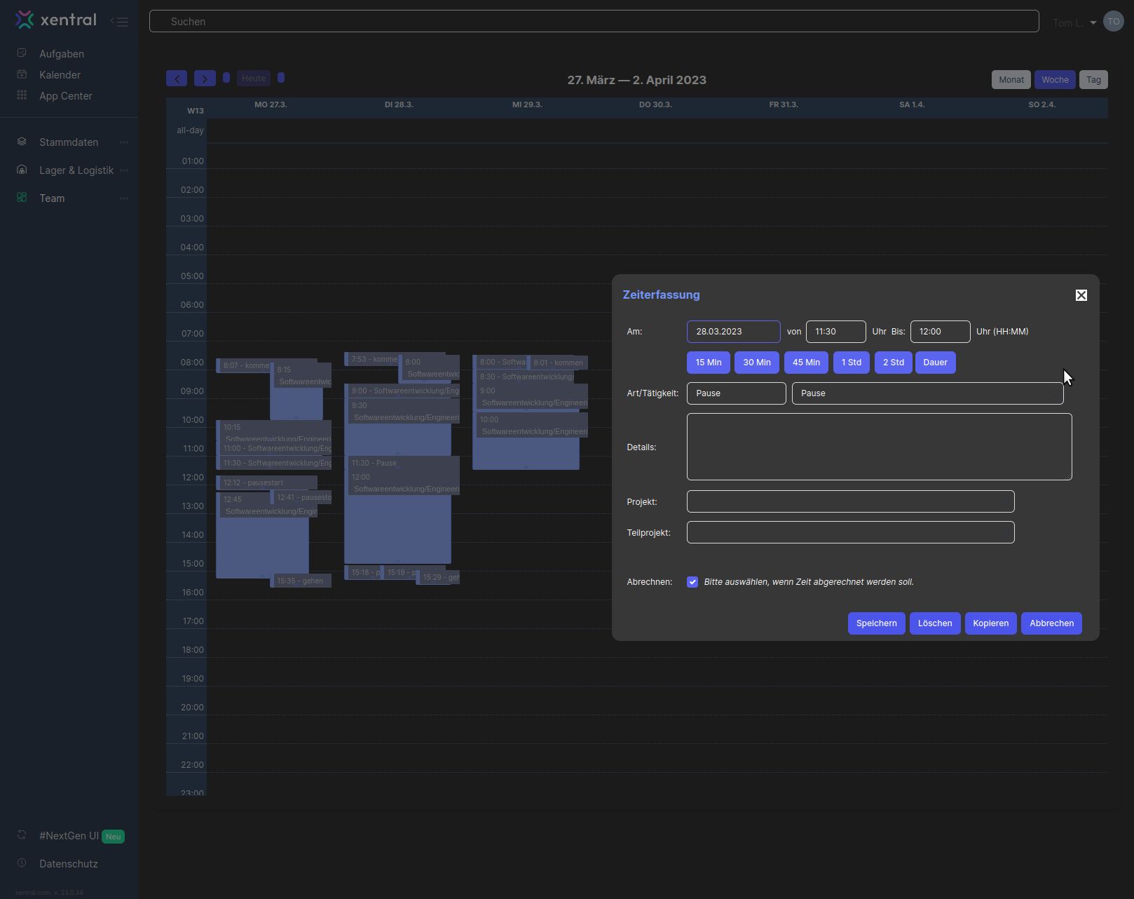 Screenshot of Netzint ERP Zeiterfassung DarkMode