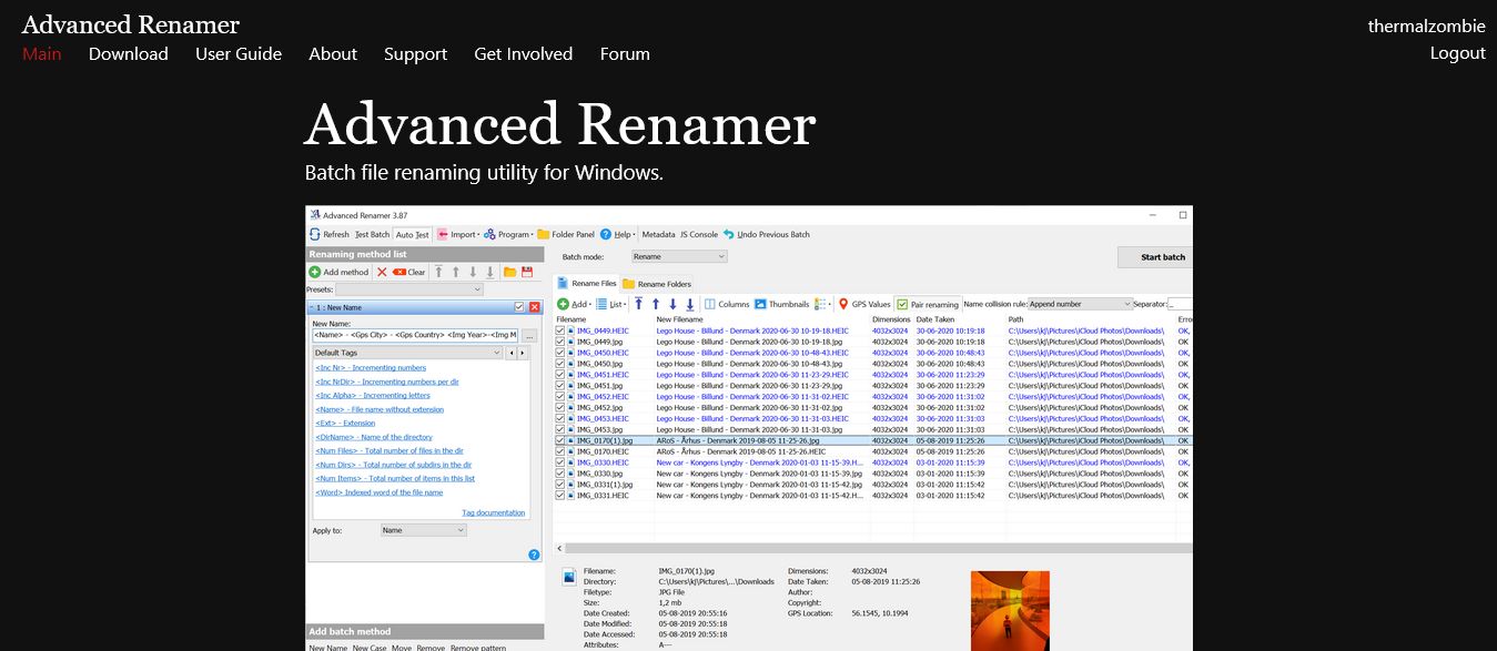 Screenshot of advancedrenamer.com - dark