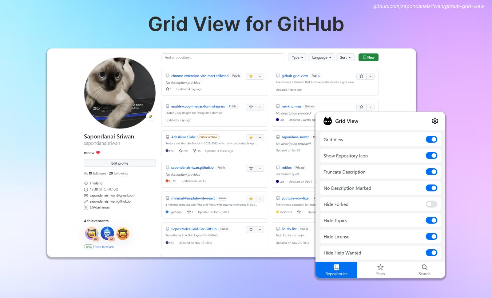Screenshot of Repositories Grid For GitHub