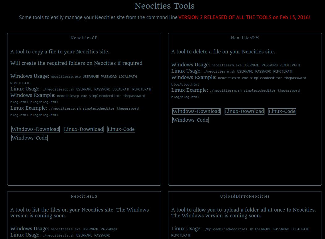 Screenshot of neocitiestools (dark mode)