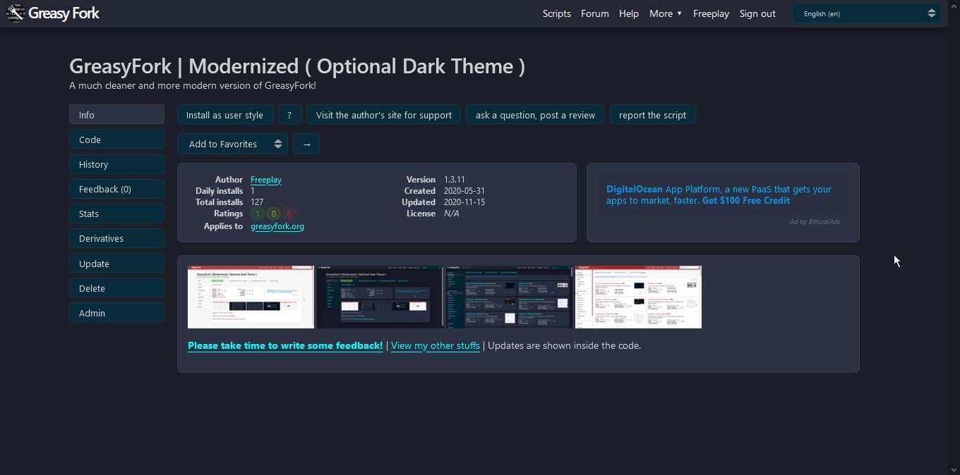 Screenshot of GreasyFork Modern (W/ Dark Mode)
