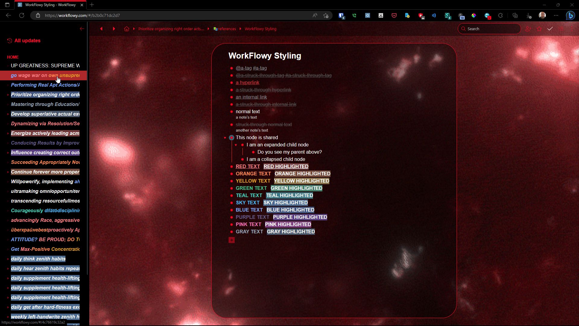 Screenshot of WorkFlowy Red Dynamic Dark Theme 🔴