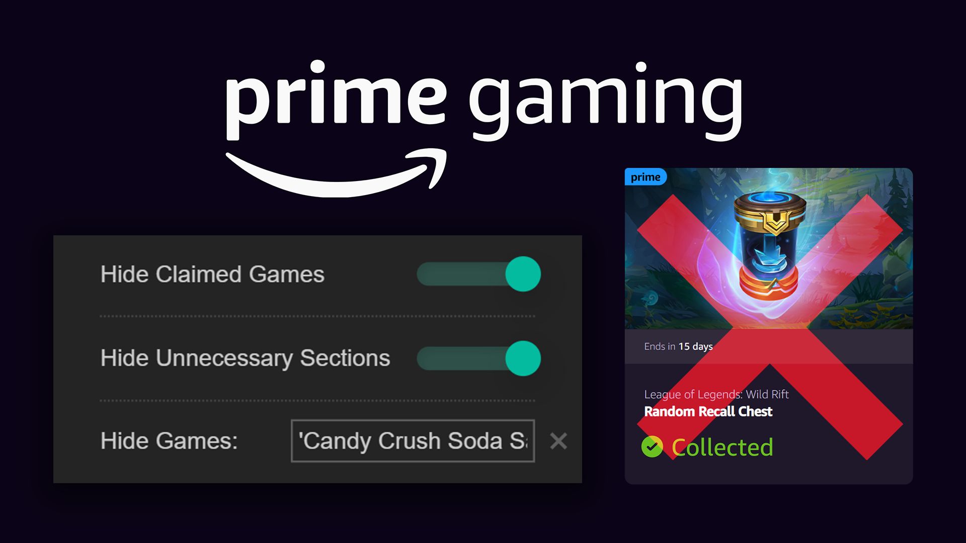 Screenshot of Prime Gaming hide claimed games gaming.amazon.com