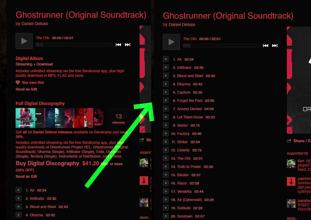 Screenshot of bandcamp move tracks to top