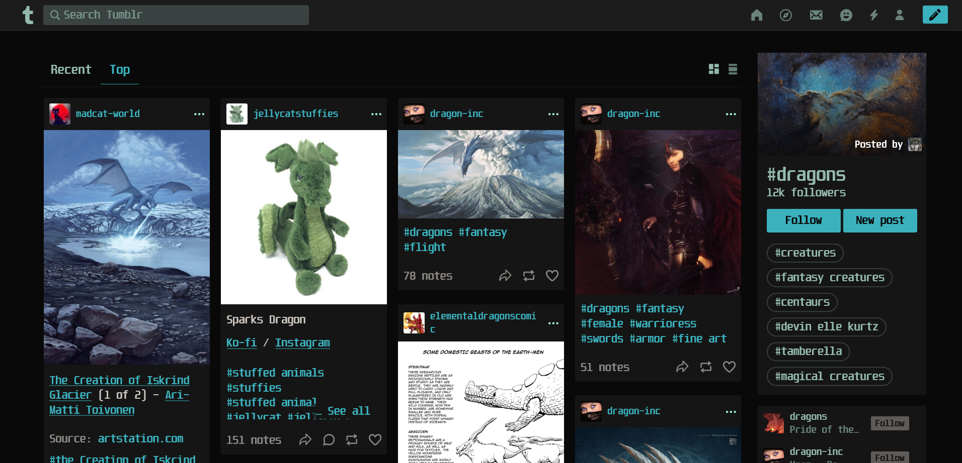 Screenshot of the tagged dragons page with a custom theme.